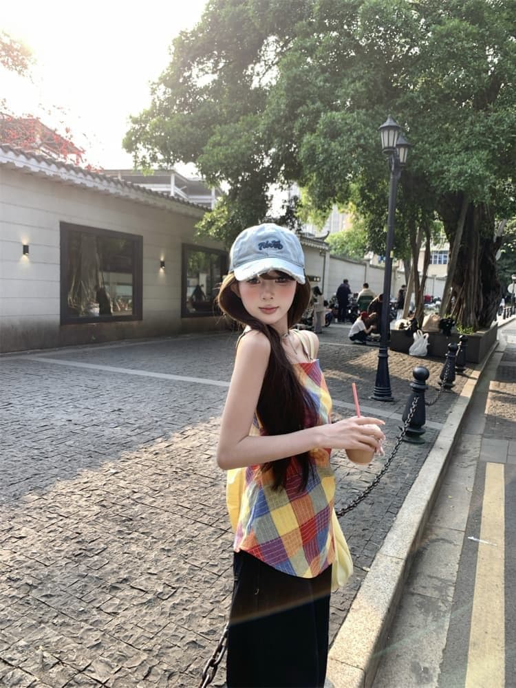 원본 품질 달콤한 핫걸 색상 체크무늬 캐미솔 여름 불규칙 허리 수축 chic 맨위 상세 이미지 8