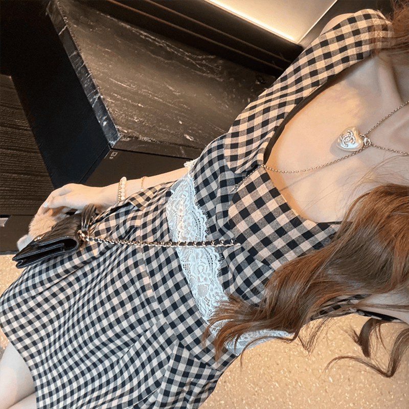 2026 신제품 슈퍼 잘 생긴 베이비 칼라 체크무늬 조끼 여성 드레스 봄 여름 레이스 측면 허리 수축 민소매 섹션 미니 스커트 상세 이미지 8