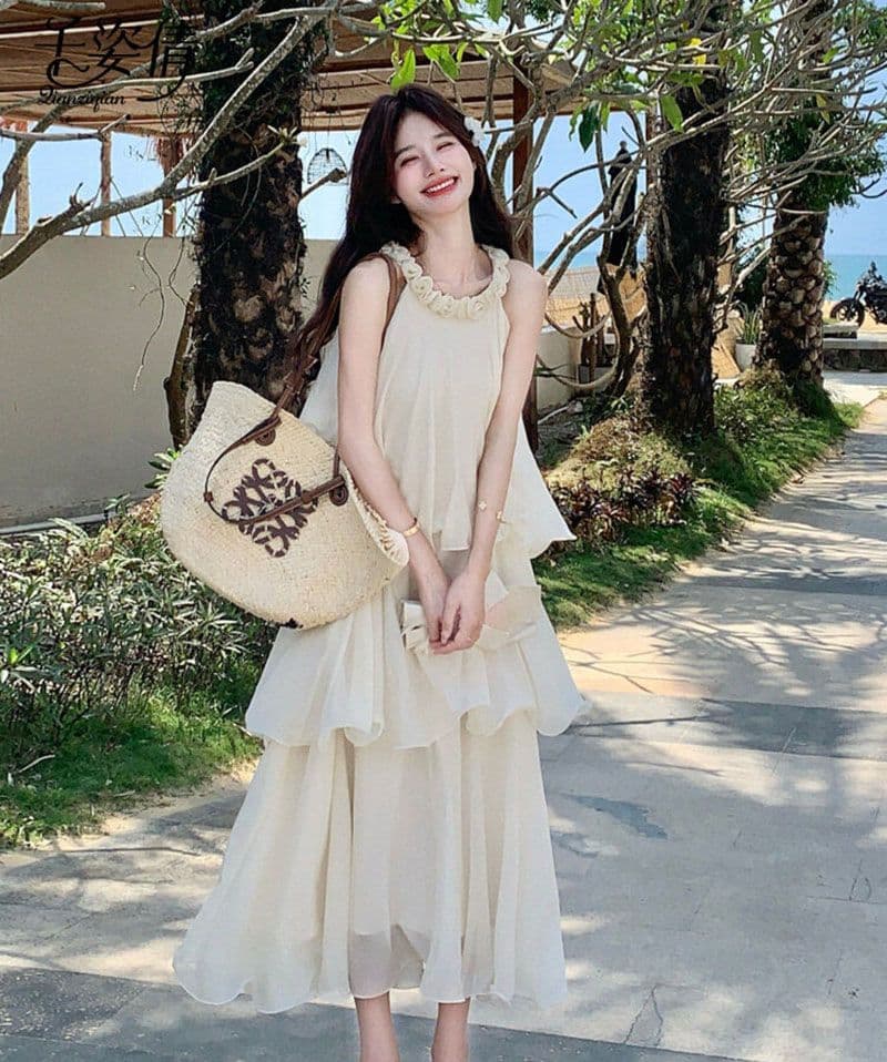 자이언트 잘 생긴 슈퍼 요정 아름다운 행침 목 여성 드레스 휴가 바람 민소매 디자인 작은 청신 소녀 화이트 드레스 이미지 2