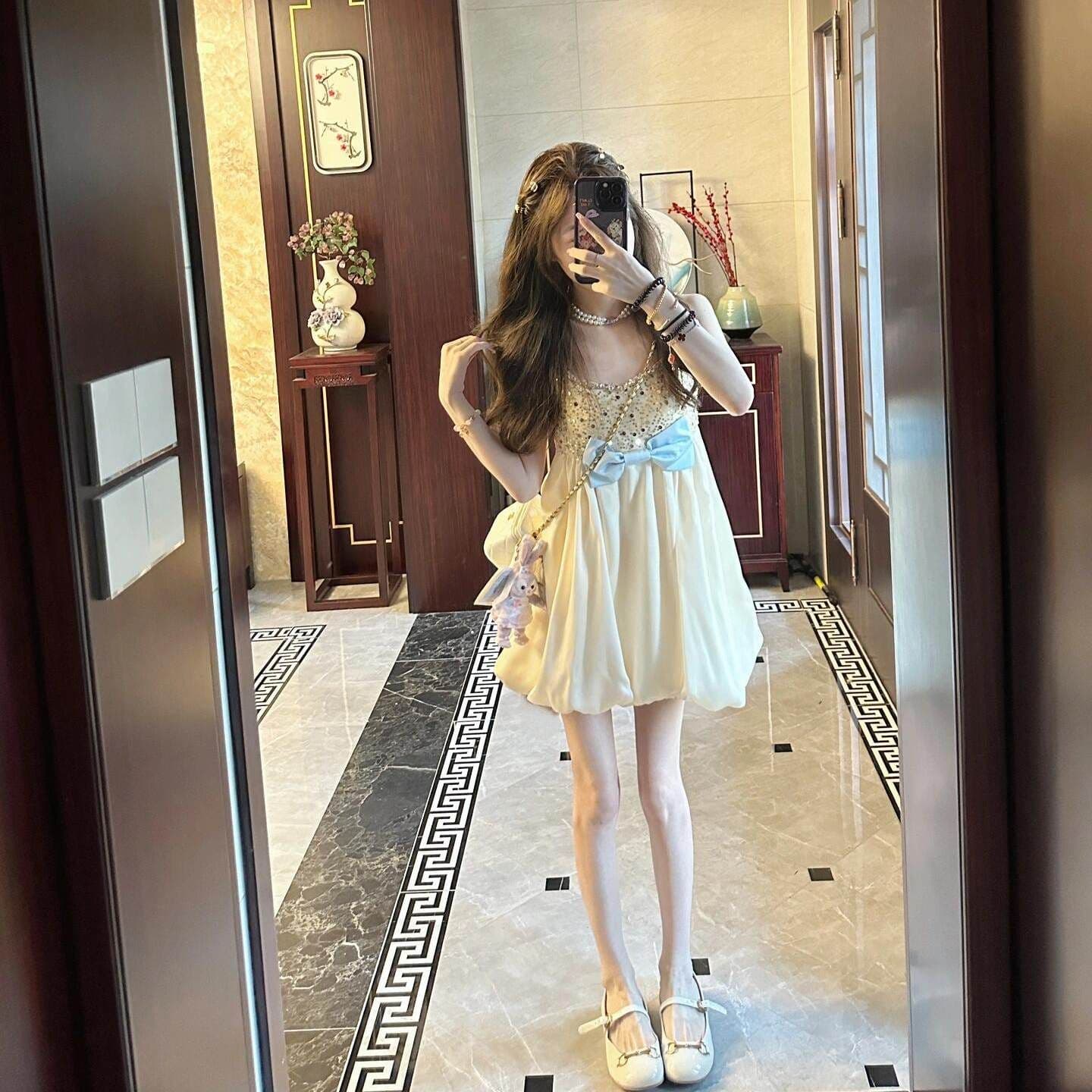 부유 한 가족 천 골드 무거운 작업 나비 매듭 품격 귀여운 슬립 여성 드레스 여름 슬림해 보이는 작은 키 꽃밭 치마 이미지 3