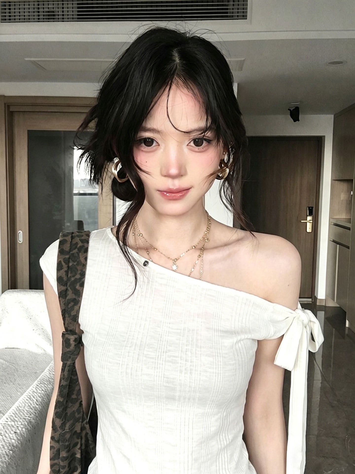 원본 대나무 마디 면 비스듬한 어깨 레이스업 반팔 티셔츠 여름 새로운 프랑스식 착용 가져 가라. Chic 맨위 상세 이미지 4
