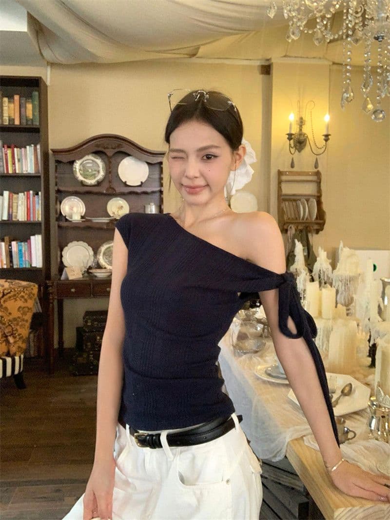 원본 대나무 마디 면 비스듬한 어깨 레이스업 반팔 티셔츠 여름 새로운 프랑스식 착용 가져 가라. Chic 맨위 상세 이미지 8