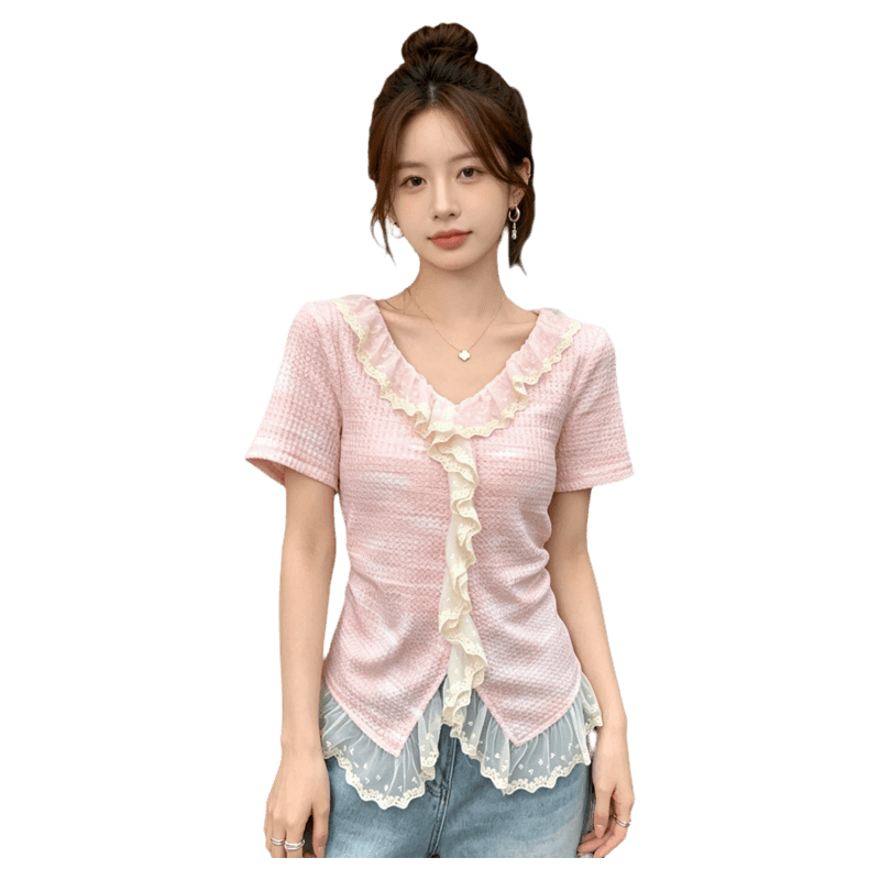 빅 사이즈 여성 의류 여름 새로운 지방 mm 고급 센스 패치워크 레이스 레이스 Chic 작은 셔츠 슬림해 보이는 맨위 이미지 5