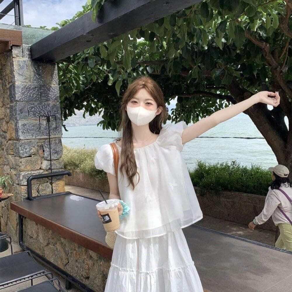거품 소매 화이트 쉬폰 톱 여성 여름 프랑스식 인형 셔츠 빅 사이즈 여성 의류 지방 mm 슬림해 보이는 표지 고기 반팔 셔츠 이미지 4