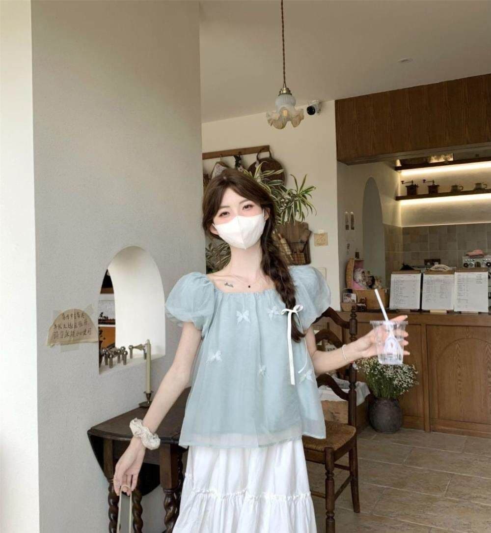 거품 소매 화이트 쉬폰 톱 여성 여름 프랑스식 인형 셔츠 빅 사이즈 여성 의류 지방 mm 슬림해 보이는 표지 고기 반팔 셔츠 상세 이미지 5