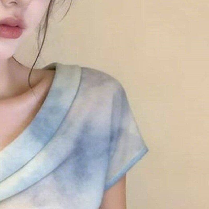 빅 사이즈 지방 mm 프랑스식 몸매 가꾸기 홀치기 염색 나비 레이스업 반팔 티셔츠 디자인 센스 여름 달콤한 핫걸 흔들다 칼라 맨위 이미지 5