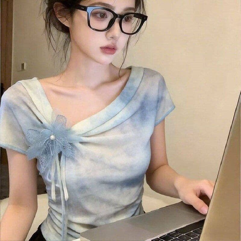 빅 사이즈 지방 mm 프랑스식 몸매 가꾸기 홀치기 염색 나비 레이스업 반팔 티셔츠 디자인 센스 여름 달콤한 핫걸 흔들다 칼라 맨위