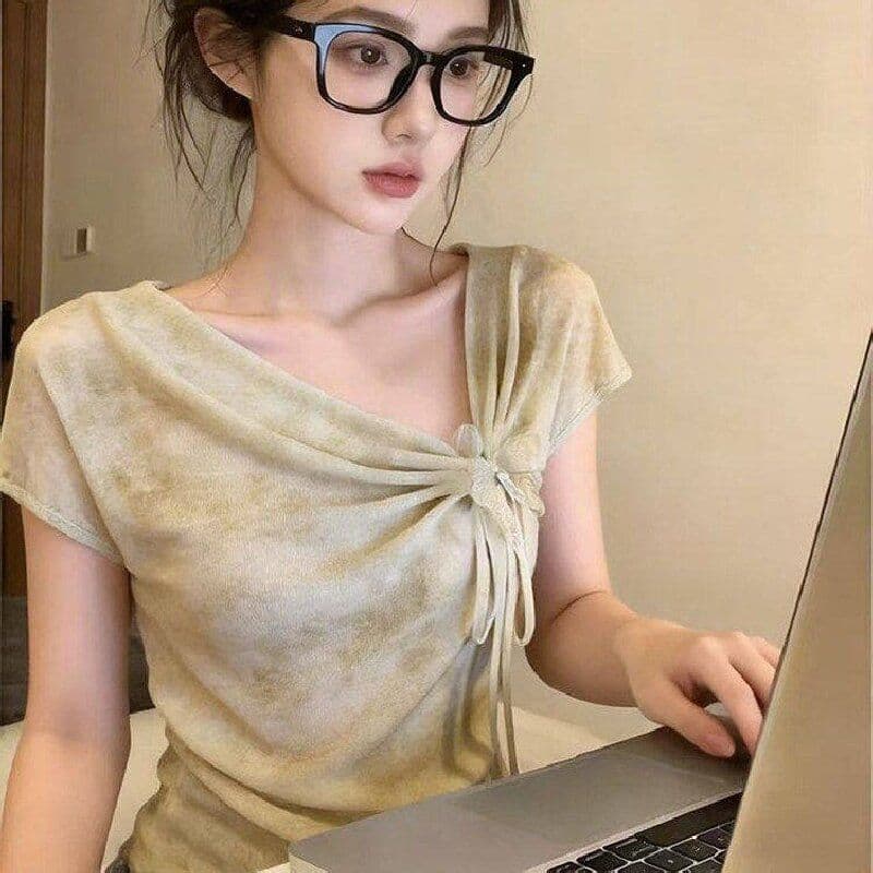 빅 사이즈 지방 mm 프랑스식 몸매 가꾸기 홀치기 염색 나비 레이스업 반팔 티셔츠 디자인 센스 여름 달콤한 핫걸 흔들다 칼라 맨위 이미지 2