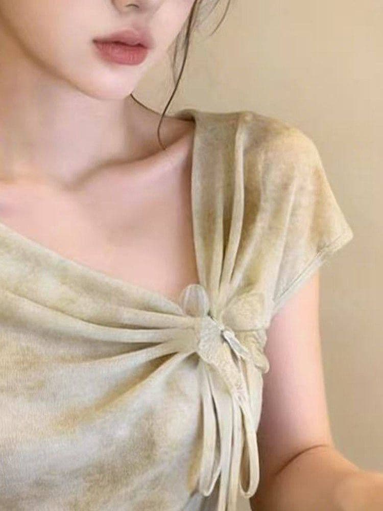 빅 사이즈 지방 mm 프랑스식 몸매 가꾸기 홀치기 염색 나비 레이스업 반팔 티셔츠 디자인 센스 여름 달콤한 핫걸 흔들다 칼라 맨위 상세 이미지 5