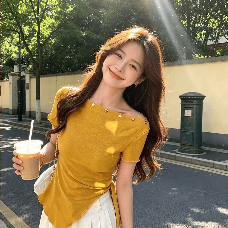빅 사이즈 지방 mm 비스듬한 칼라 오프숄더 반팔 티셔츠 여성 디자인 센스 작은 대중 스트랩 몸매 가꾸기 슬림해 보이는 비대칭 맨위 여름 이미지 4