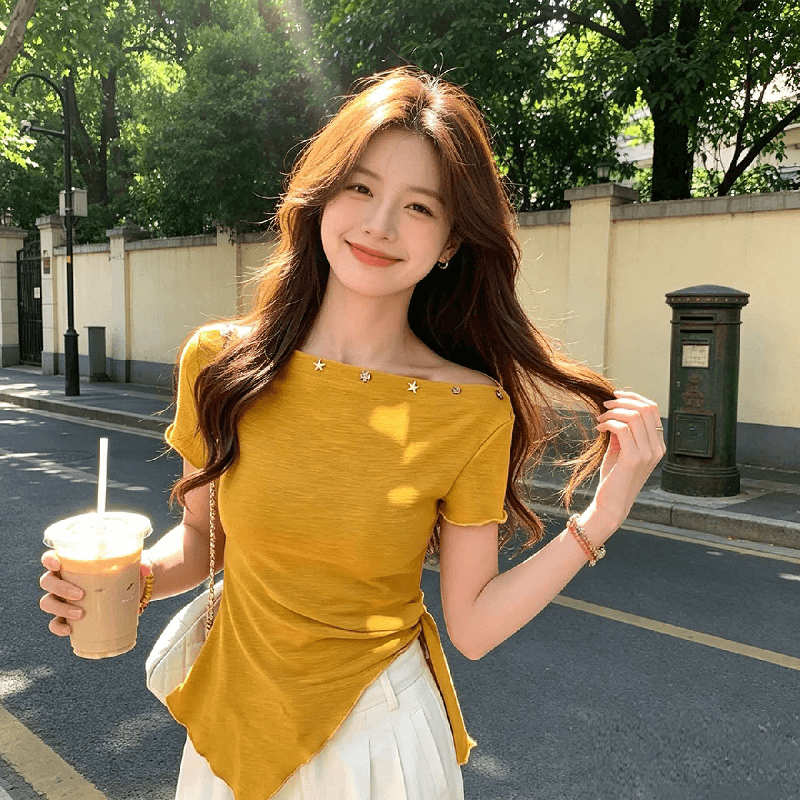 빅 사이즈 지방 mm 비스듬한 칼라 오프숄더 반팔 티셔츠 여성 디자인 센스 작은 대중 스트랩 몸매 가꾸기 슬림해 보이는 비대칭 맨위 여름 상세 이미지 5