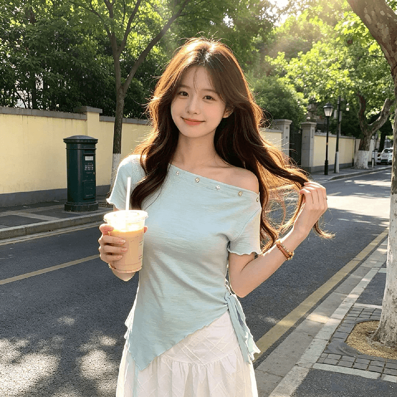 빅 사이즈 지방 mm 비스듬한 칼라 오프숄더 반팔 티셔츠 여성 디자인 센스 작은 대중 스트랩 몸매 가꾸기 슬림해 보이는 비대칭 맨위 여름 상세 이미지 7