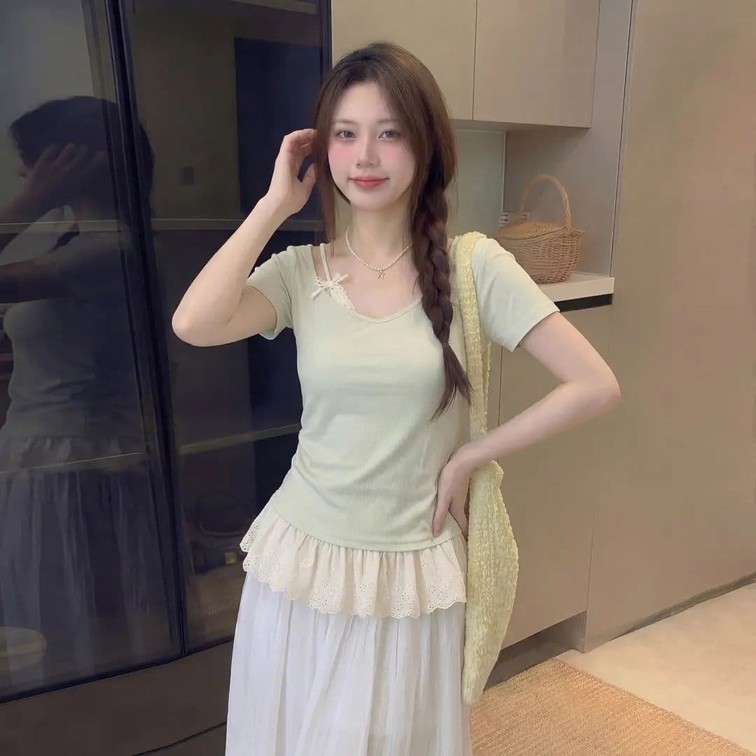 빅 사이즈 지방 mm 자이언트 잘 생긴 레이스 조각 V넥 반팔 티셔츠 여성 여름 디자인 센스 고유 한 아름다운 연령 감소 맨위 상세 이미지 6