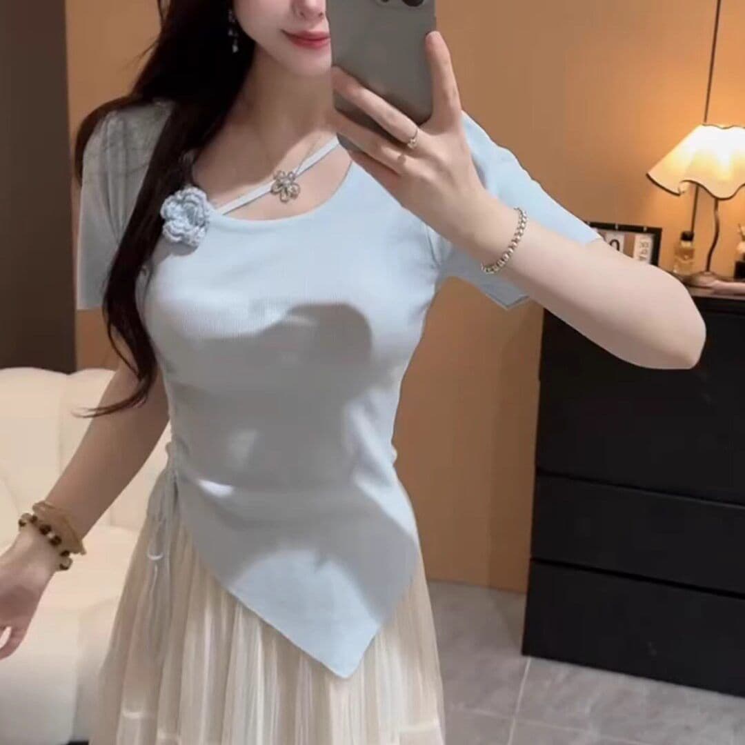 빅 사이즈 지방 mm 한 부서 미니멀리즘 3 차원 꽃 펌프 Pleat 반팔 니트 스웨터 여성 여름 외국 가스 슬림해 보이는 다용도 맨위 이미지 2