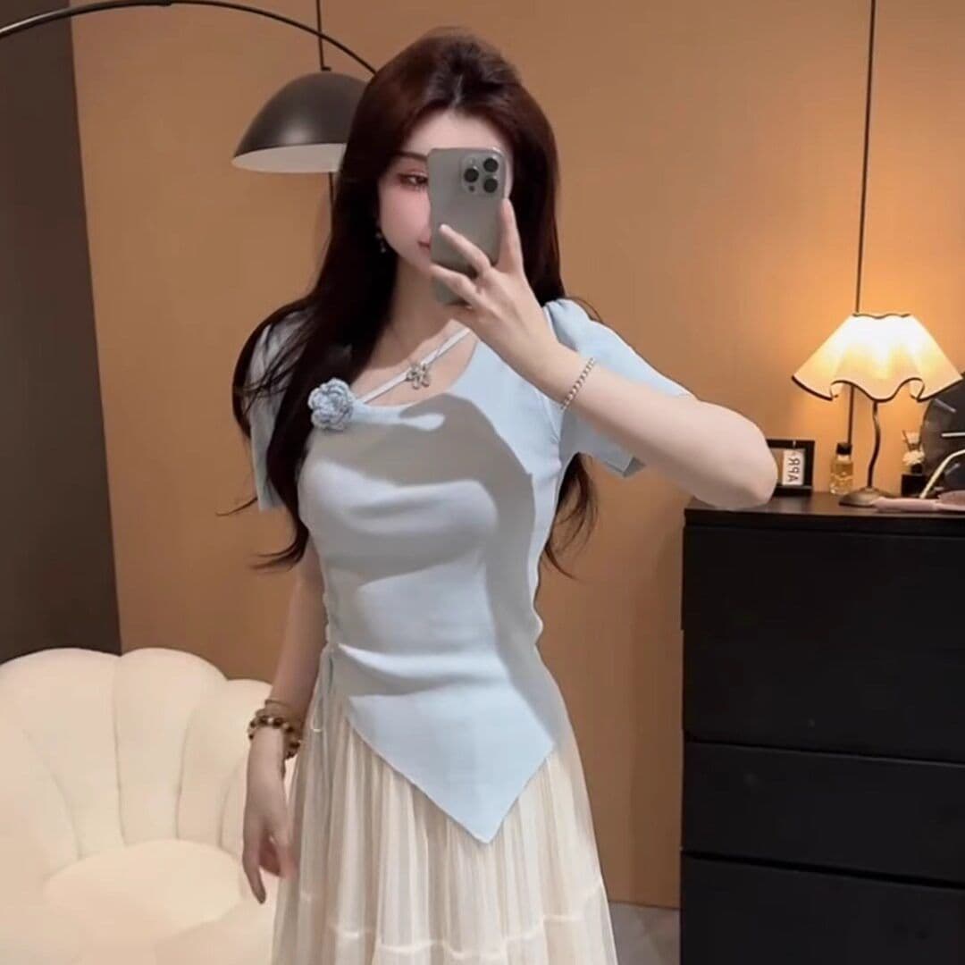빅 사이즈 지방 mm 한 부서 미니멀리즘 3 차원 꽃 펌프 Pleat 반팔 니트 스웨터 여성 여름 외국 가스 슬림해 보이는 다용도 맨위 상세 이미지 4