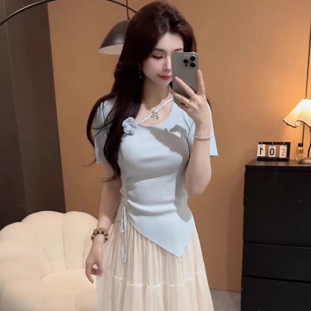 빅 사이즈 지방 mm 한 부서 미니멀리즘 3 차원 꽃 펌프 Pleat 반팔 니트 스웨터 여성 여름 외국 가스 슬림해 보이는 다용도 맨위 상세 이미지 6