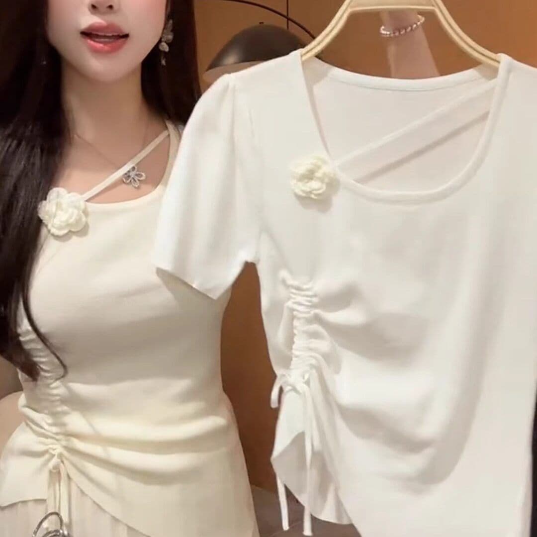 빅 사이즈 지방 mm 한 부서 미니멀리즘 3 차원 꽃 펌프 Pleat 반팔 니트 스웨터 여성 여름 외국 가스 슬림해 보이는 다용도 맨위 상세 이미지 8
