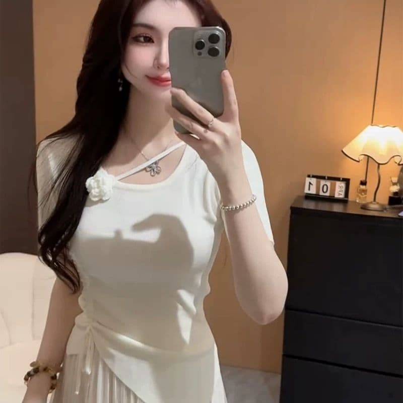 빅 사이즈 지방 mm 한 부서 미니멀리즘 3 차원 꽃 펌프 Pleat 반팔 니트 스웨터 여성 여름 외국 가스 슬림해 보이는 다용도 맨위 상세 이미지 9