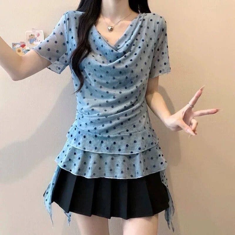 불규칙 흔들다 칼라 도트 무늬 프릴 반팔 티셔츠 여성 여름 빅 사이즈 지방 mm 디자인 센스 Chic 슬림해 보이는 맨위 이미지 4