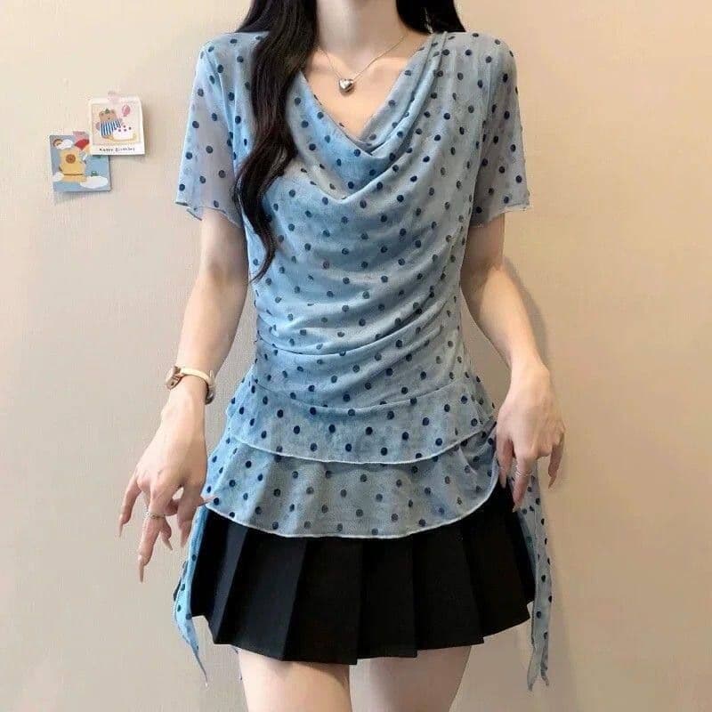 불규칙 흔들다 칼라 도트 무늬 프릴 반팔 티셔츠 여성 여름 빅 사이즈 지방 mm 디자인 센스 Chic 슬림해 보이는 맨위