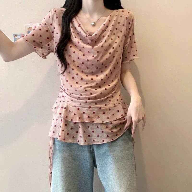 불규칙 흔들다 칼라 도트 무늬 프릴 반팔 티셔츠 여성 여름 빅 사이즈 지방 mm 디자인 센스 Chic 슬림해 보이는 맨위 이미지 2
