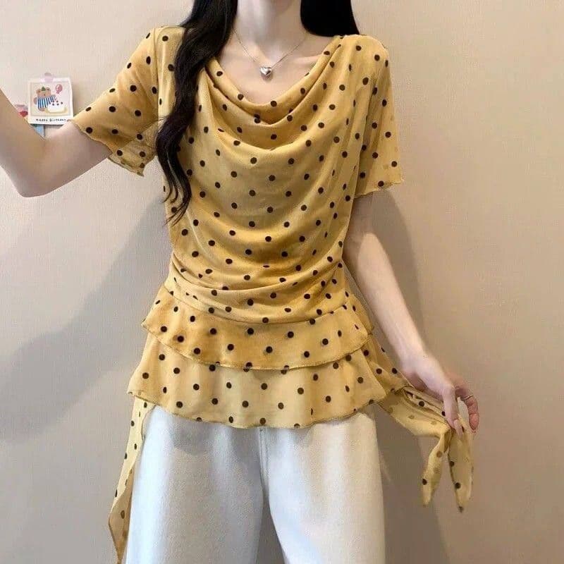 불규칙 흔들다 칼라 도트 무늬 프릴 반팔 티셔츠 여성 여름 빅 사이즈 지방 mm 디자인 센스 Chic 슬림해 보이는 맨위 상세 이미지 4