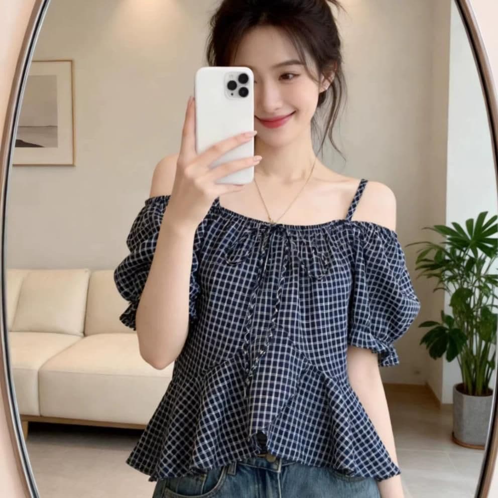 레트로 체크무늬 반팔 셔츠 2025 여름 빅 사이즈 여성 의류 지방 mm Chic 아름다운 표지 배 오프숄더 작은 셔츠 맨위