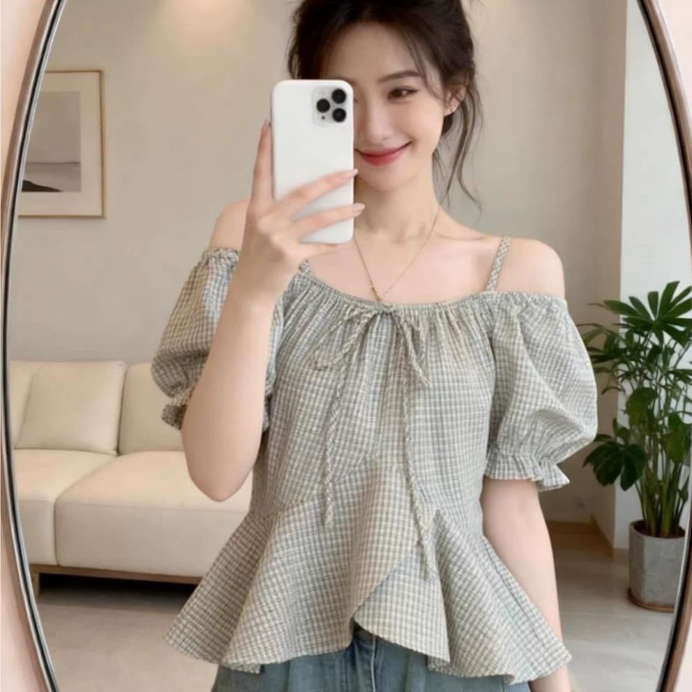 레트로 체크무늬 반팔 셔츠 2025 여름 빅 사이즈 여성 의류 지방 mm Chic 아름다운 표지 배 오프숄더 작은 셔츠 맨위 이미지 4