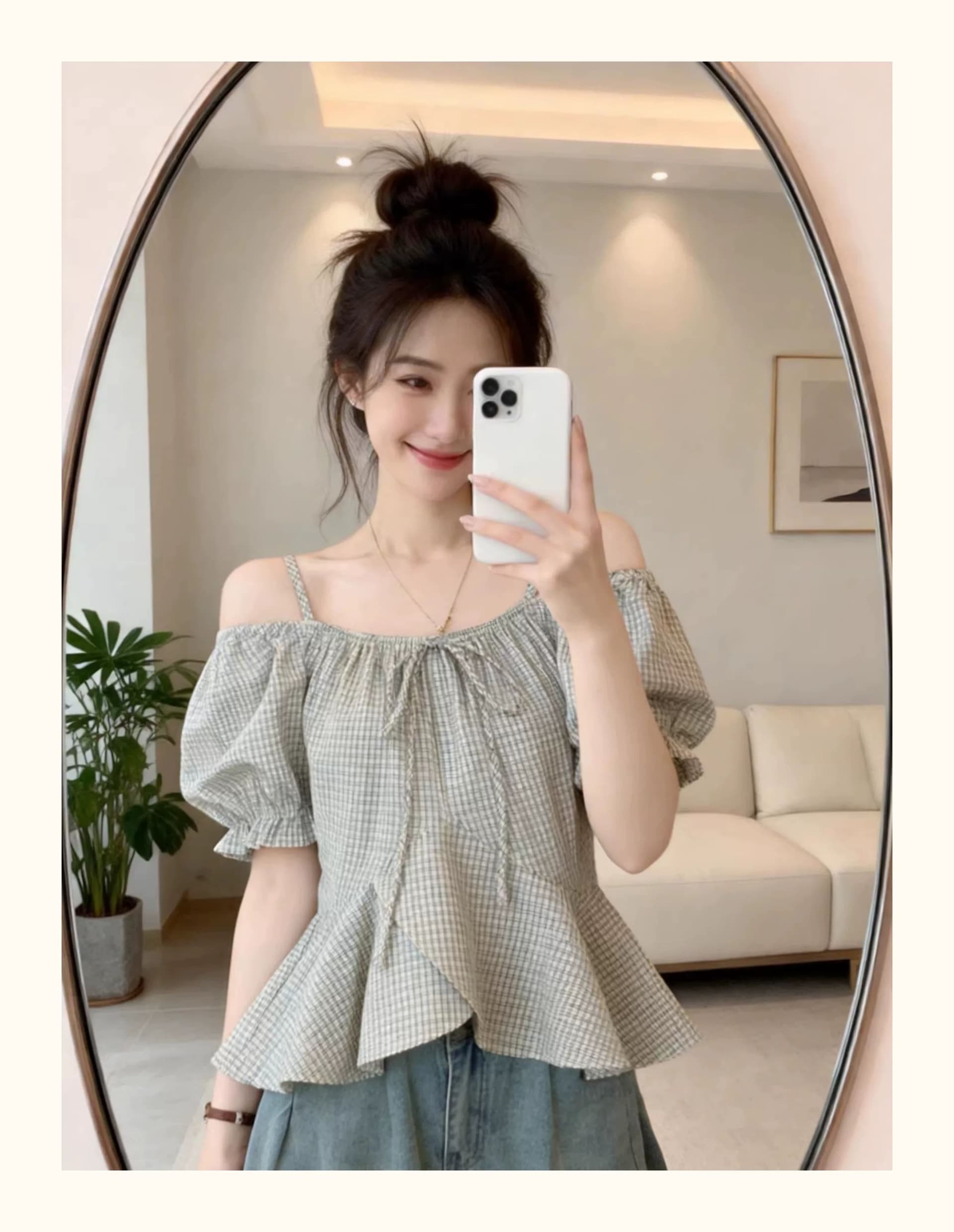 레트로 체크무늬 반팔 셔츠 2025 여름 빅 사이즈 여성 의류 지방 mm Chic 아름다운 표지 배 오프숄더 작은 셔츠 맨위 상세 이미지 3