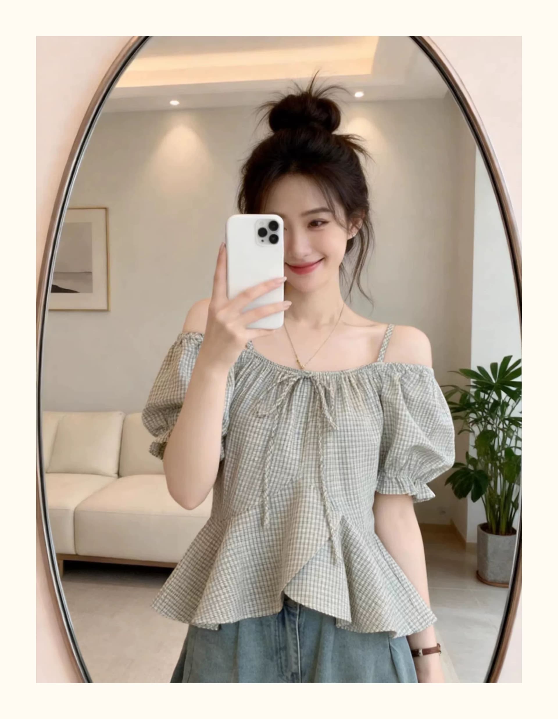 레트로 체크무늬 반팔 셔츠 2025 여름 빅 사이즈 여성 의류 지방 mm Chic 아름다운 표지 배 오프숄더 작은 셔츠 맨위 상세 이미지 5