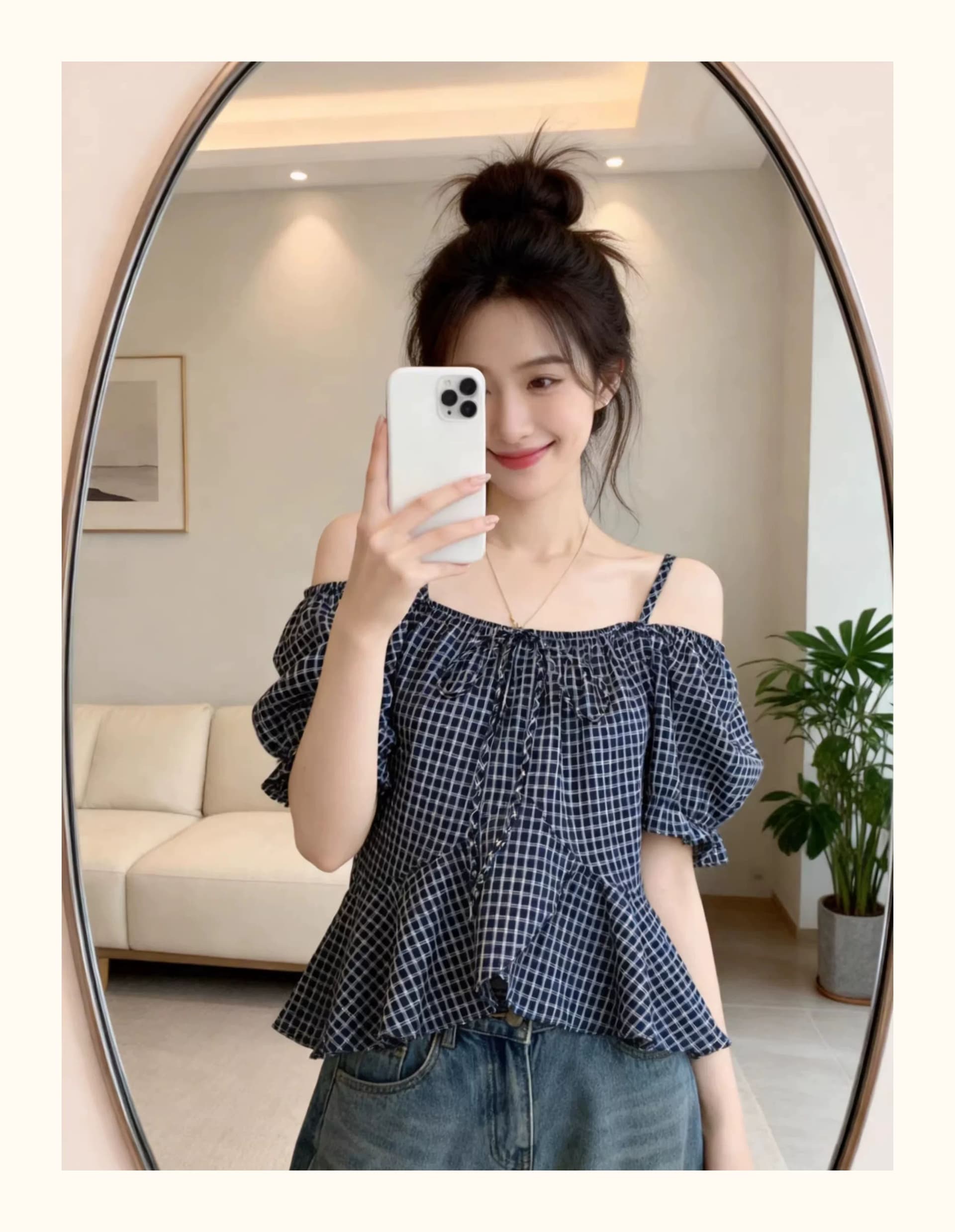레트로 체크무늬 반팔 셔츠 2025 여름 빅 사이즈 여성 의류 지방 mm Chic 아름다운 표지 배 오프숄더 작은 셔츠 맨위 상세 이미지 7