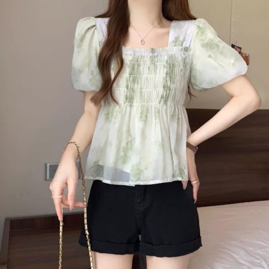 프랑스식 부드러운 버블 반팔 쉬폰 꽃무늬 여성 셔츠 여름 빅 사이즈 지방 mm 슬림해 보이는 디자인 센스 작은 대중 맨위 이미지 2