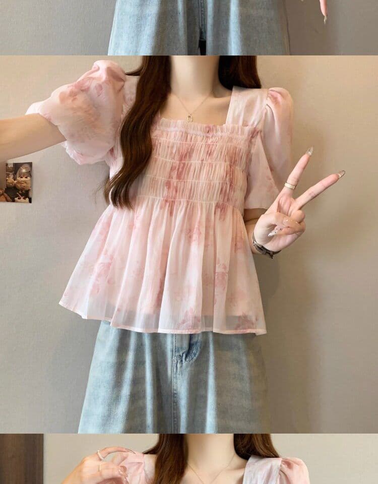 프랑스식 부드러운 버블 반팔 쉬폰 꽃무늬 여성 셔츠 여름 빅 사이즈 지방 mm 슬림해 보이는 디자인 센스 작은 대중 맨위 상세 이미지 4