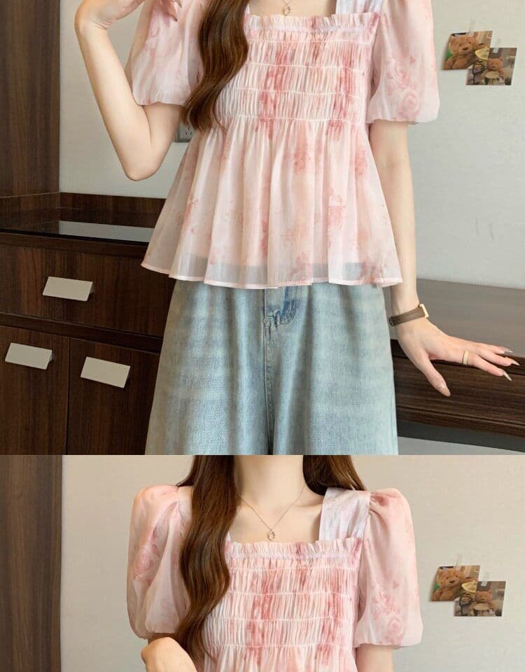 프랑스식 부드러운 버블 반팔 쉬폰 꽃무늬 여성 셔츠 여름 빅 사이즈 지방 mm 슬림해 보이는 디자인 센스 작은 대중 맨위 상세 이미지 5