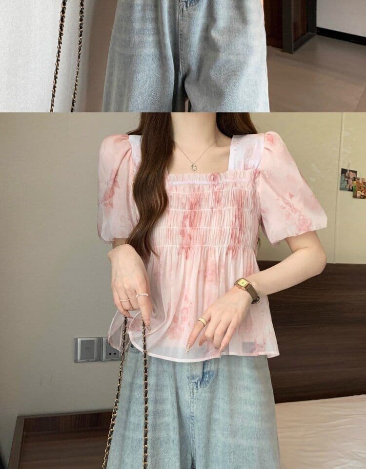 프랑스식 부드러운 버블 반팔 쉬폰 꽃무늬 여성 셔츠 여름 빅 사이즈 지방 mm 슬림해 보이는 디자인 센스 작은 대중 맨위 상세 이미지 7