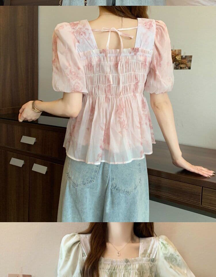 프랑스식 부드러운 버블 반팔 쉬폰 꽃무늬 여성 셔츠 여름 빅 사이즈 지방 mm 슬림해 보이는 디자인 센스 작은 대중 맨위 상세 이미지 8
