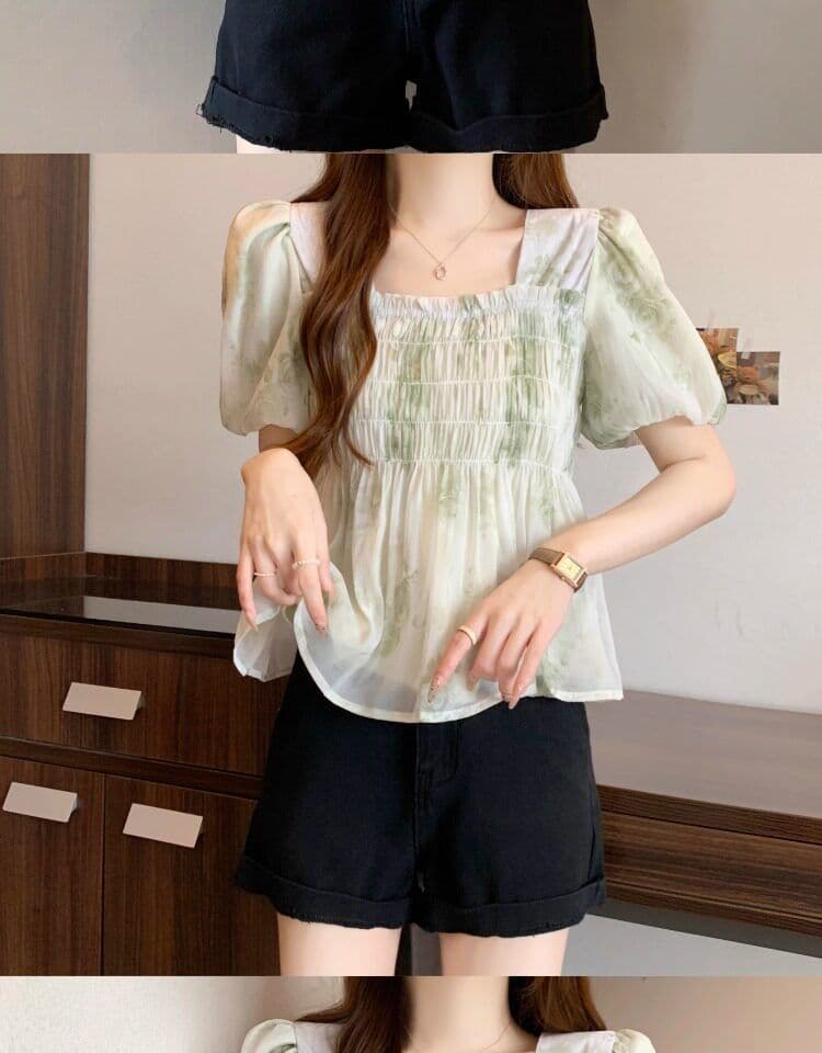 프랑스식 부드러운 버블 반팔 쉬폰 꽃무늬 여성 셔츠 여름 빅 사이즈 지방 mm 슬림해 보이는 디자인 센스 작은 대중 맨위 상세 이미지 11