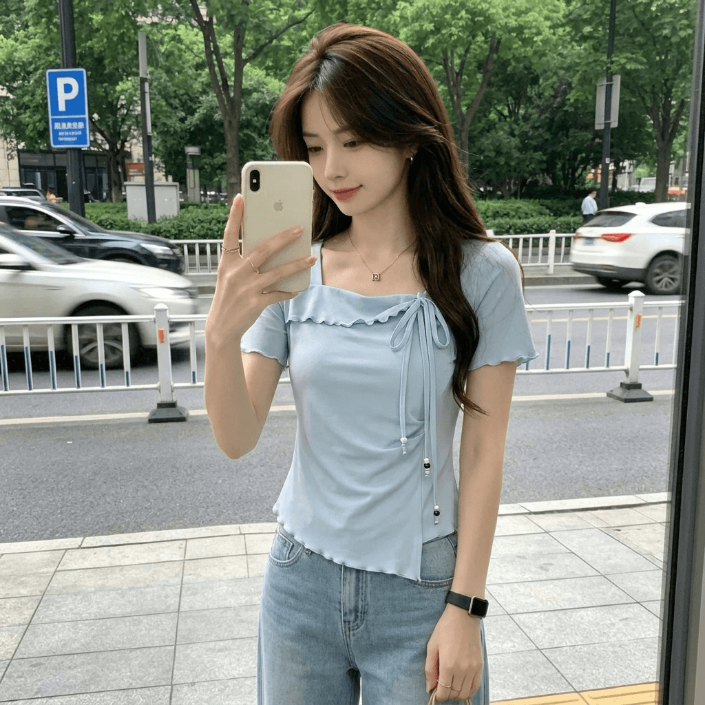 광장 칼라 불규칙 긍정적 인 어깨 반팔 티셔츠 여성 여름 빅 사이즈 지방 mm 표지 고기 슬림해 보이는 작은 대중 Chic 꼬집기 허리 위로 의류 이미지 5