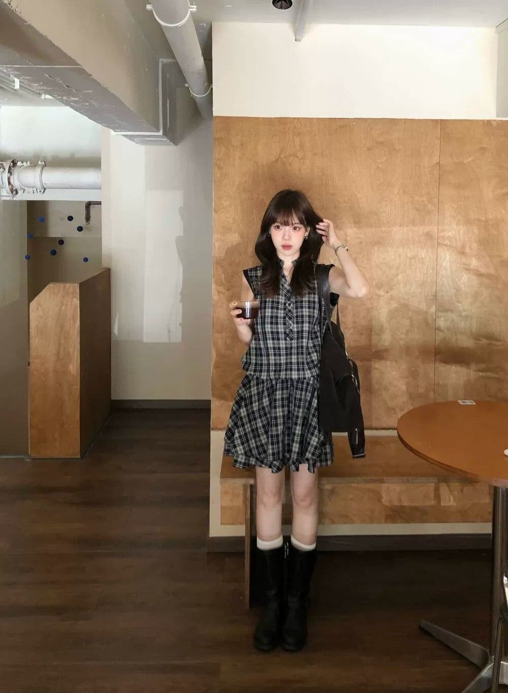 원본 원단 것 레트로 체크무늬 여성 드레스 여름 작은 키 고유 한 아름다운 루즈핏 품격 미니 스커트 상세 이미지 9