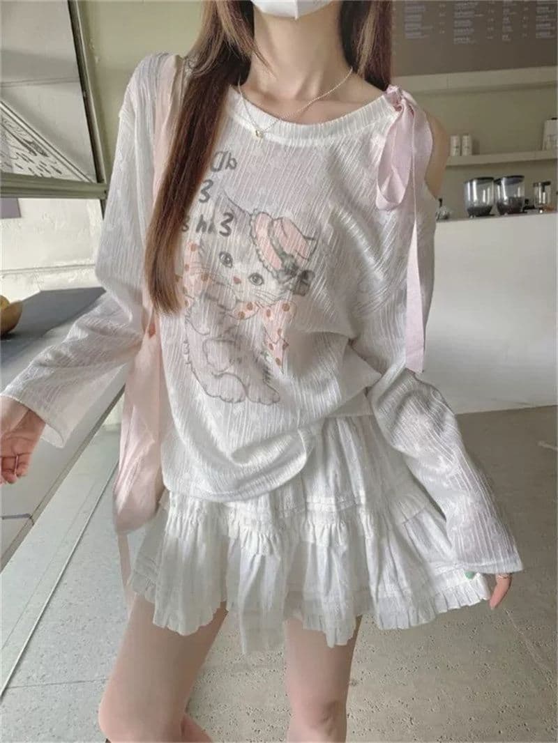 원본 원단 고양이 프린트 긴팔 자외선 차단 티셔츠 여성 오프숄더 레이스업 나비 매듭 점 옷 상세 이미지 2