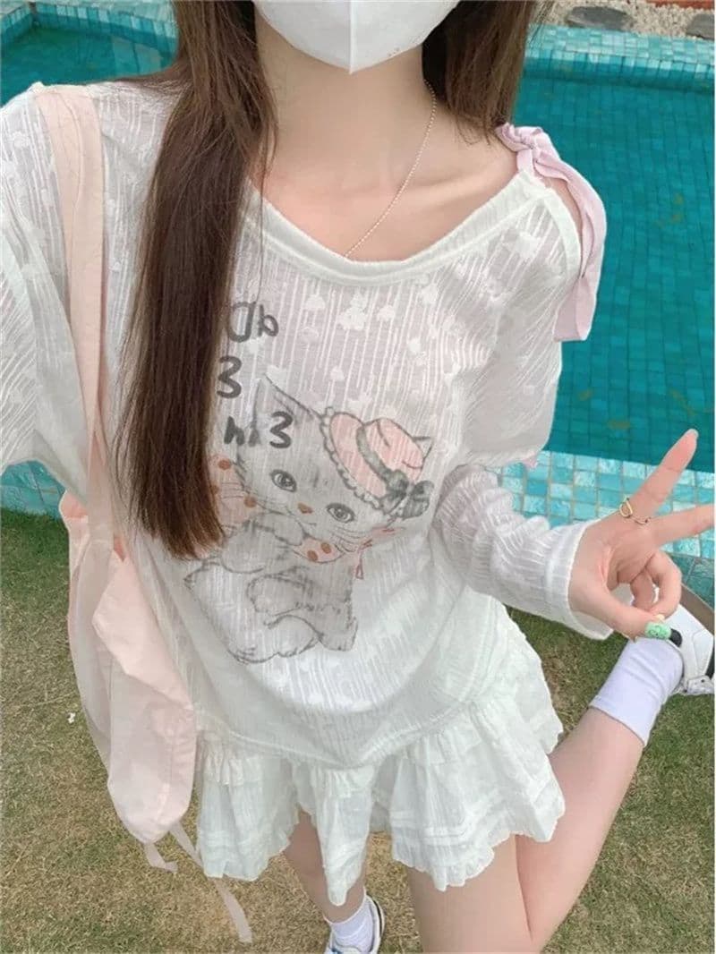 원본 원단 고양이 프린트 긴팔 자외선 차단 티셔츠 여성 오프숄더 레이스업 나비 매듭 점 옷 상세 이미지 4
