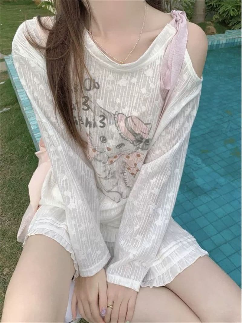 원본 원단 고양이 프린트 긴팔 자외선 차단 티셔츠 여성 오프숄더 레이스업 나비 매듭 점 옷 상세 이미지 5