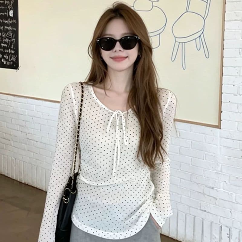 순수한 욕망 바람 마이크로 ~을 통해 도트 무늬 긴팔 블라우스 여성 여름 얇은 스타일 몸매 가꾸기 슬림해 보이는 자이언트 잘 생긴 자외선 차단 망사 맨위 트렌디 이미지 5