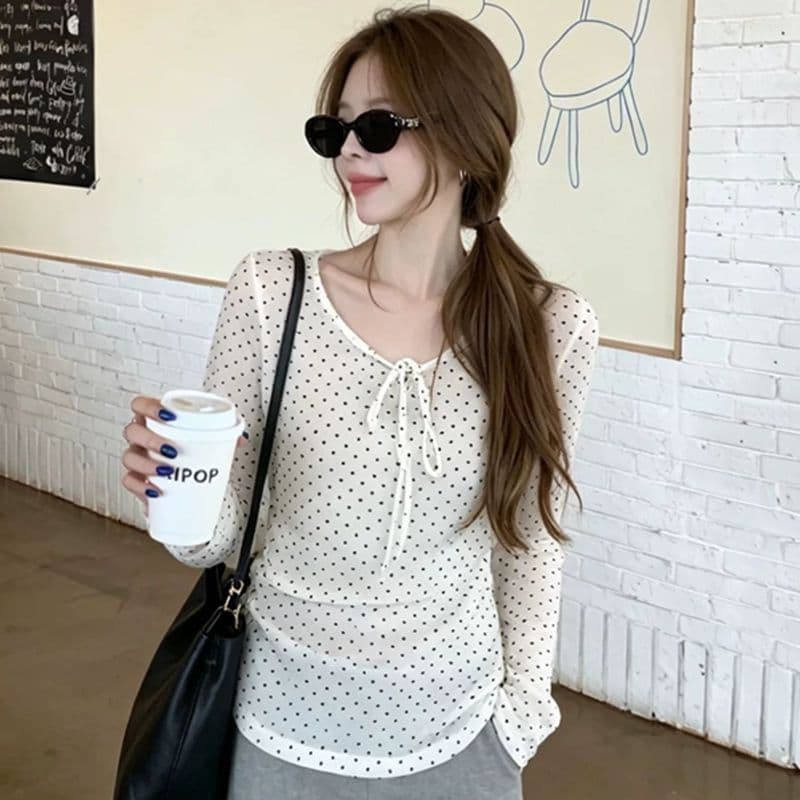 순수한 욕망 바람 마이크로 ~을 통해 도트 무늬 긴팔 블라우스 여성 여름 얇은 스타일 몸매 가꾸기 슬림해 보이는 자이언트 잘 생긴 자외선 차단 망사 맨위 트렌디 이미지 3