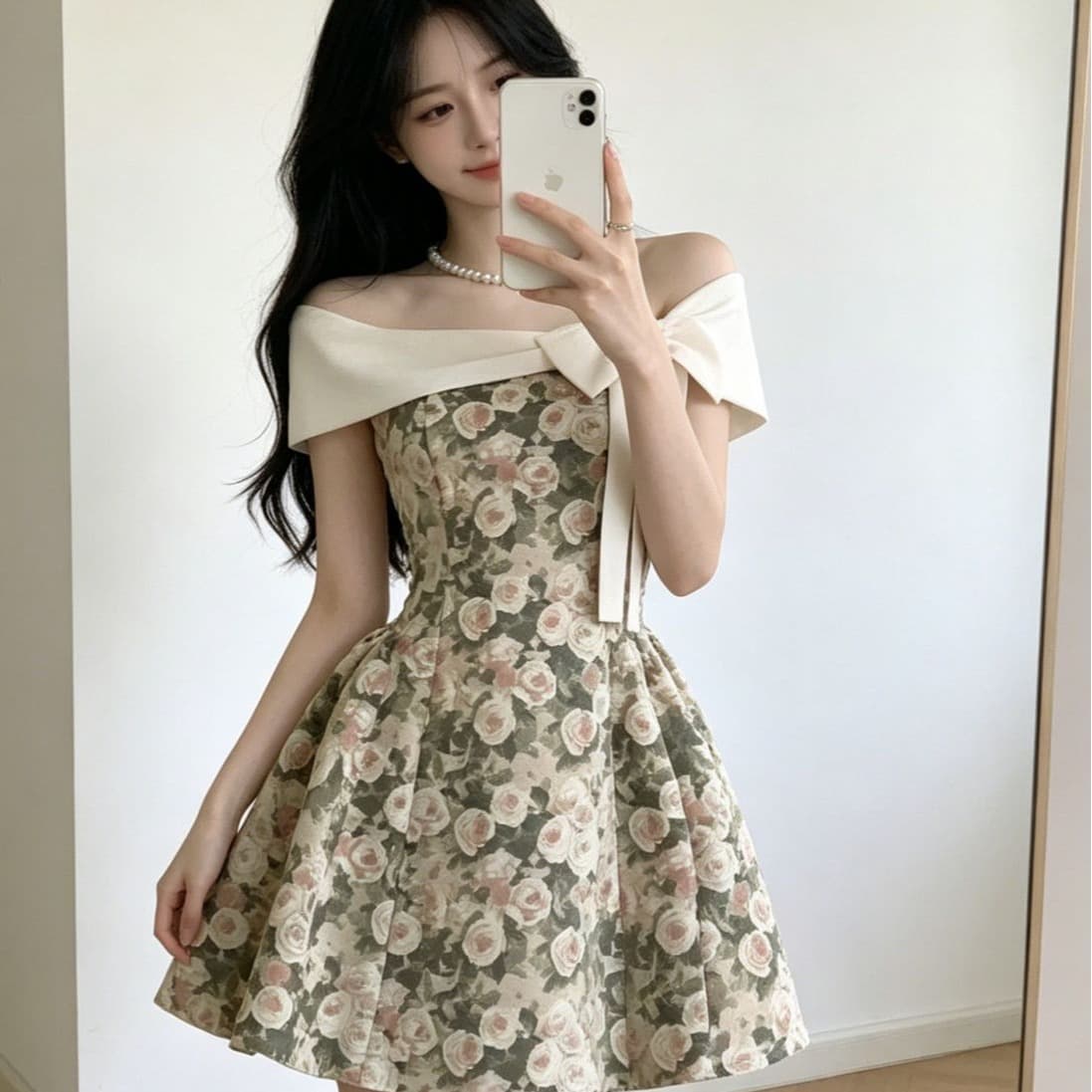 보트넥 오프숄더 나비 매듭 꽃무늬 여성 드레스 여름 새로운 고급 센스 허리 수축 슬림해 보이는 품격 짧은 치마 이미지 5