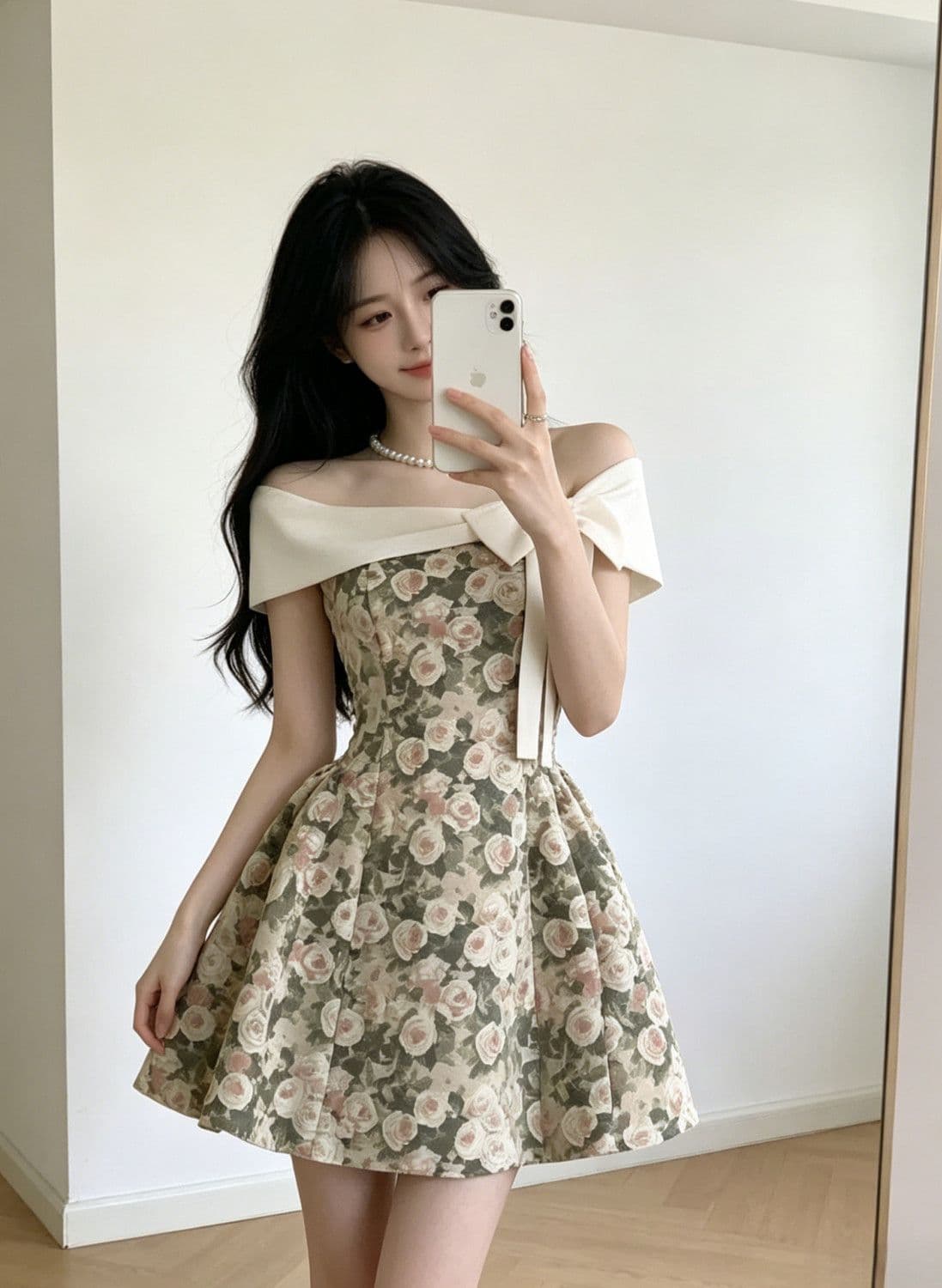 보트넥 오프숄더 나비 매듭 꽃무늬 여성 드레스 여름 새로운 고급 센스 허리 수축 슬림해 보이는 품격 짧은 치마 상세 이미지 5