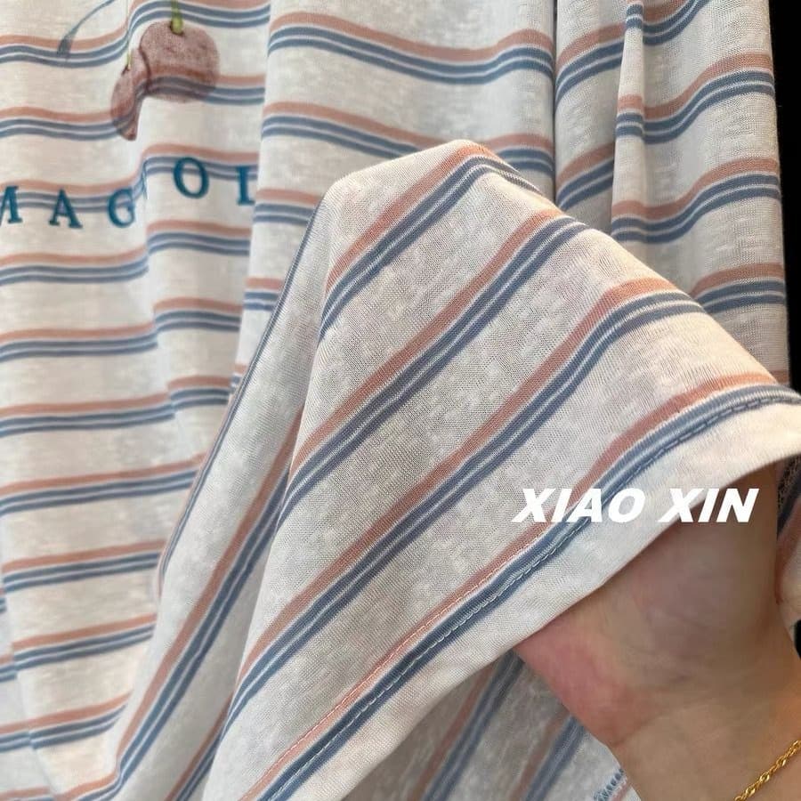 원본 원단 특별 빅 사이즈 300 근 파란색 스트라이프 긴팔 티셔츠 여성 여름 자외선 차단 블라우스 얇은 이미지 5