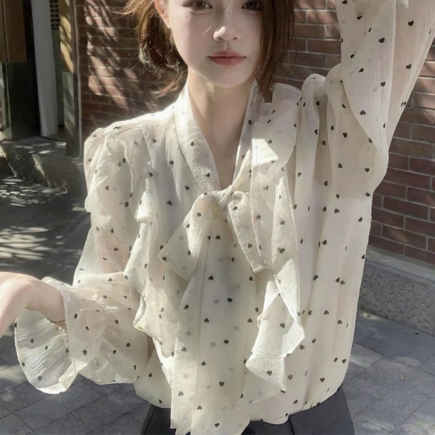 원본 쉬폰 원단 있음 네리 프릴 셔츠 티셔츠 여성 가을 여름 한 부서 나비 매듭 고급 센스 맨위 이미지 5