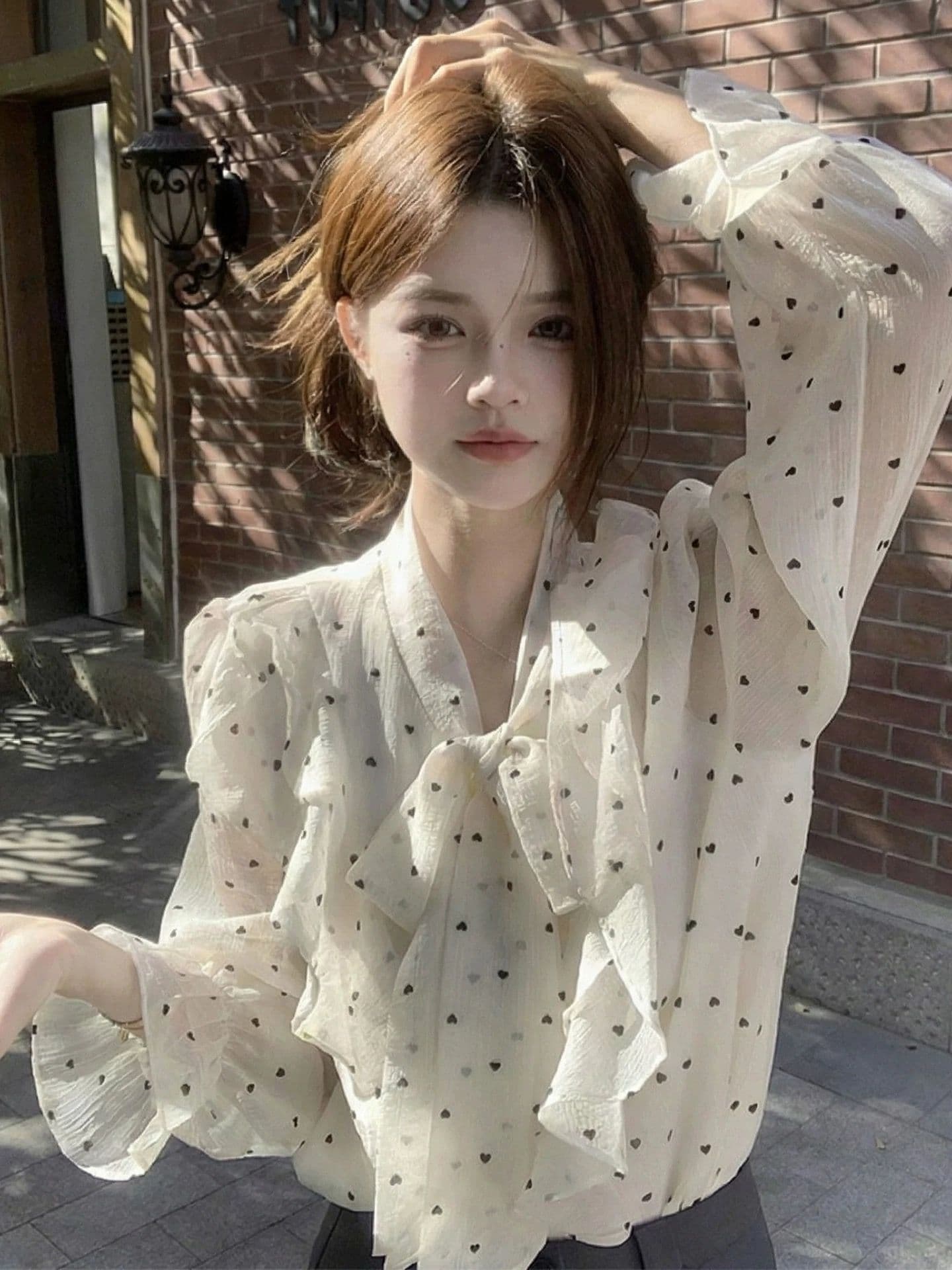 원본 쉬폰 원단 있음 네리 프릴 셔츠 티셔츠 여성 가을 여름 한 부서 나비 매듭 고급 센스 맨위 상세 이미지 2