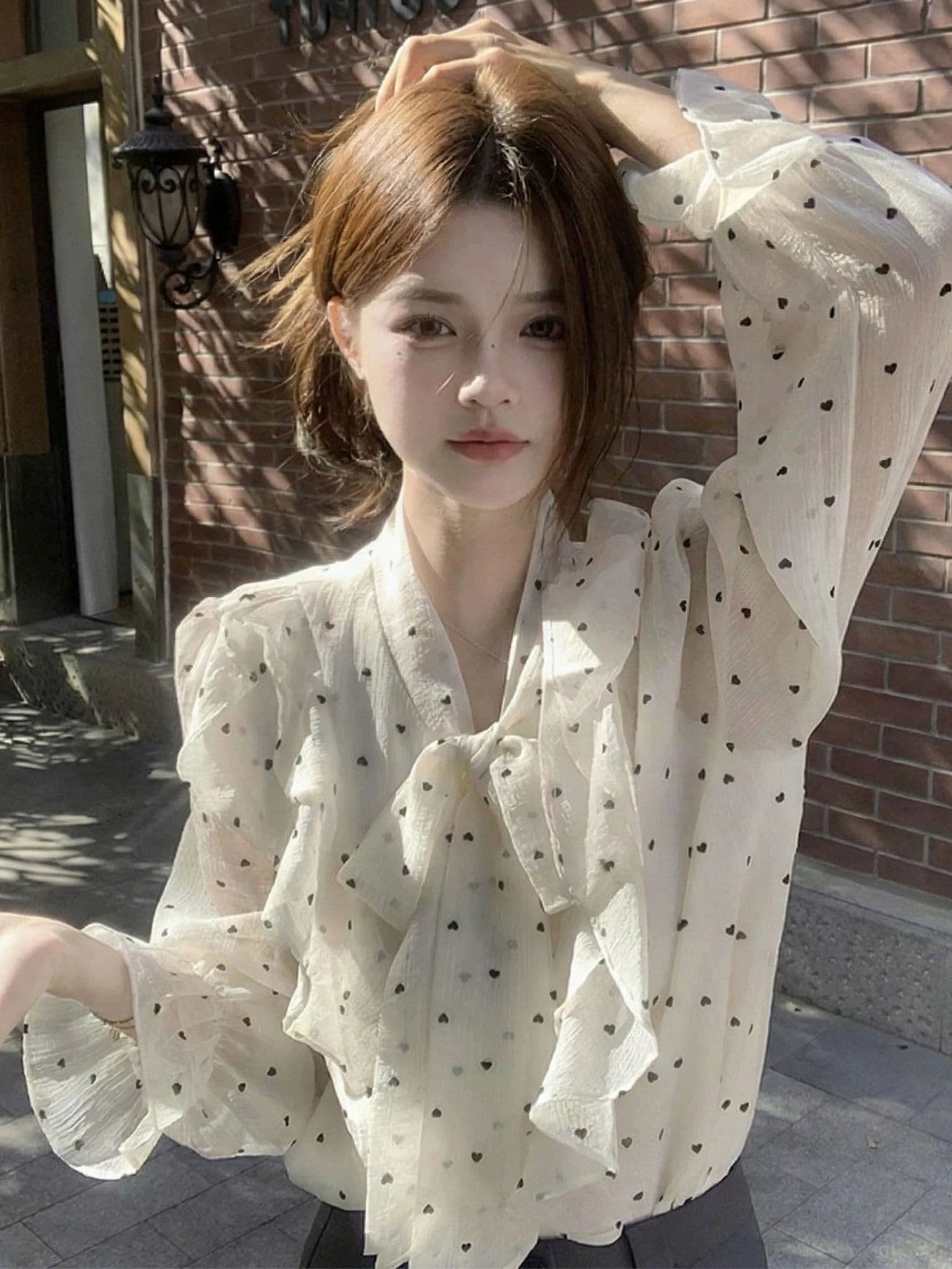 원본 쉬폰 원단 있음 네리 프릴 셔츠 티셔츠 여성 가을 여름 한 부서 나비 매듭 고급 센스 맨위 상세 이미지 4